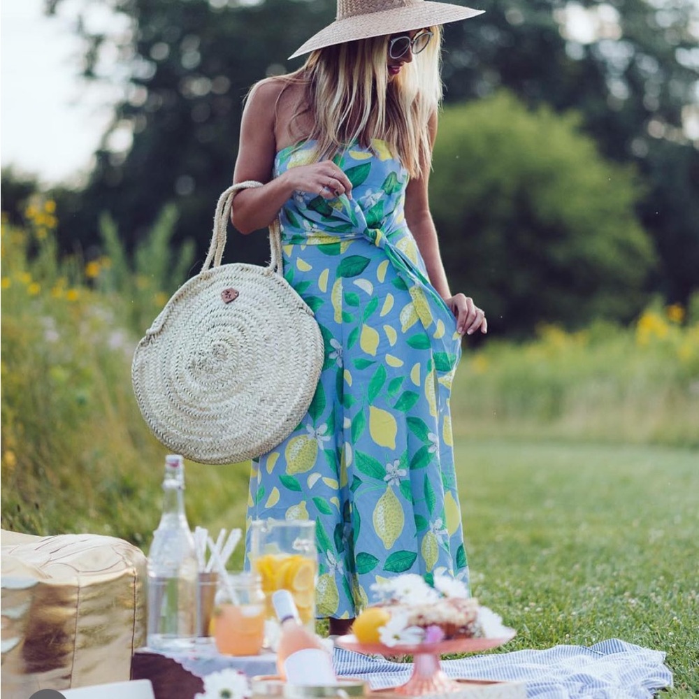 Maeve Blue and Yellow Lemon Floral Jumpsuit by Anthropologie Strapless